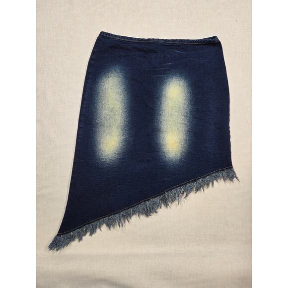 Denim Skirt Asymmetrical Frayed Hem Dark Wash Bleach Detail - Picture 1 of 8